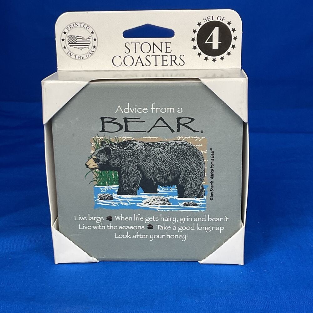 Advice From A Bear Stone Coasters Set of 4 Ilan Shamir Cabin Nature Gift New